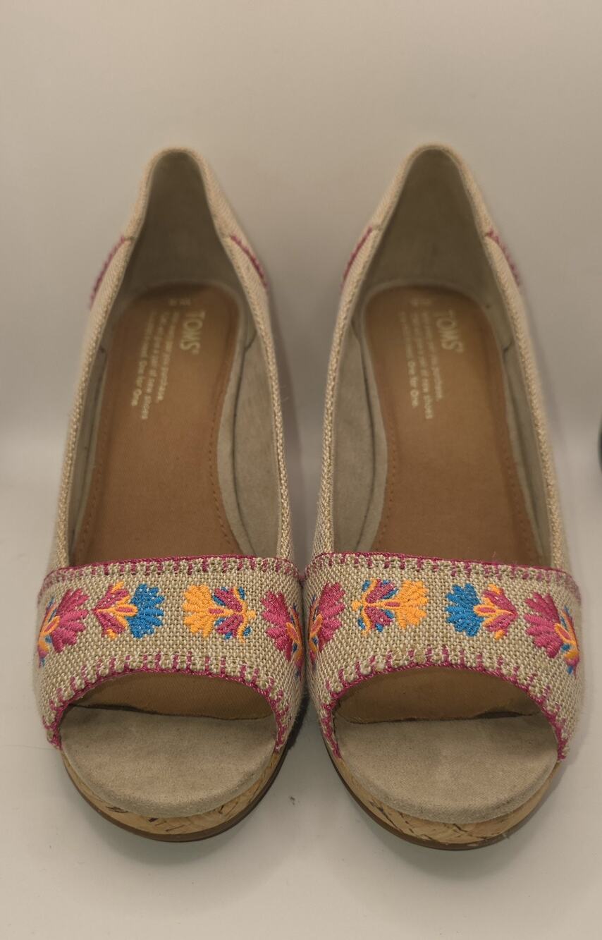 TOMS Stella Burlap Floral Embroidered Peep Toe Wedge Heels Sandals Women's W8